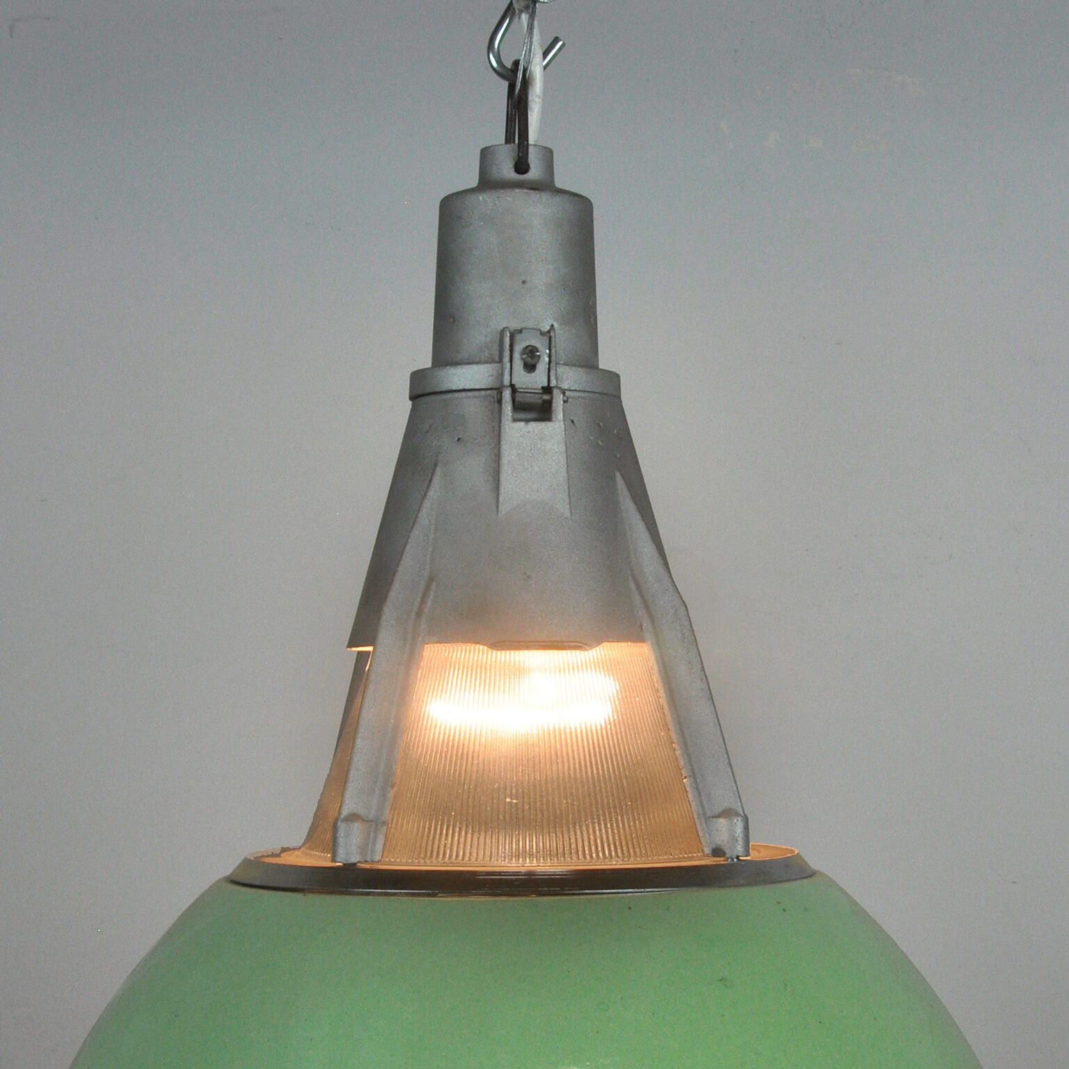 Green Enameled Industrial Pendant Light, 1950s
