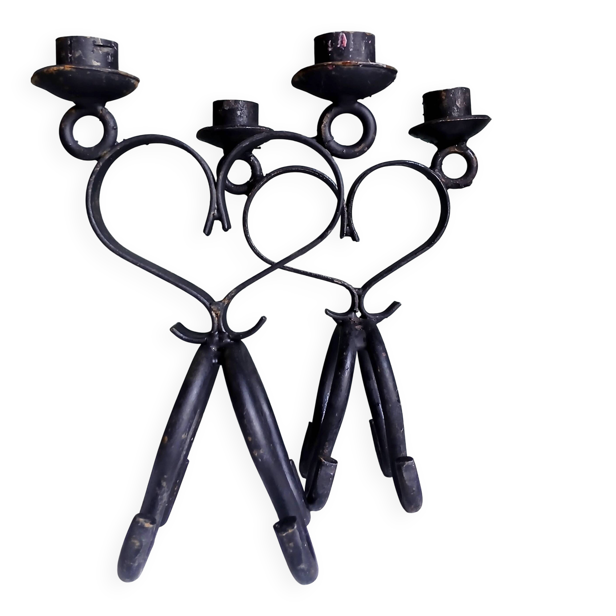 2 double brutalist candle holders in hand-forged iron. Folk art 1960.