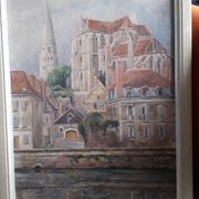 Old oil painting depicting a landscape