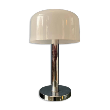 Lampe de table chromée de style spatial avec abat-jour champignon en plexiglas blanc