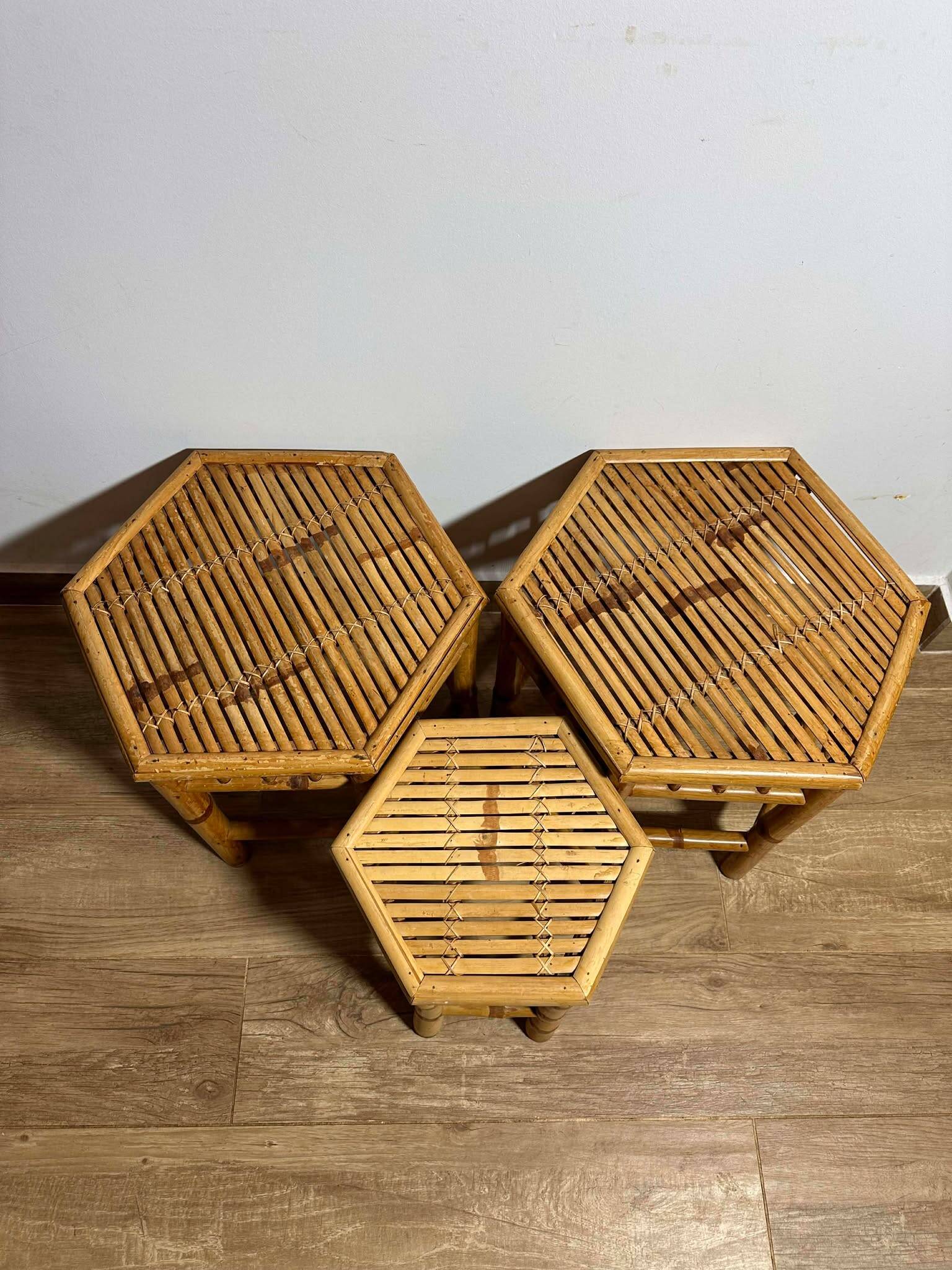 Vintage Boho Mid Century Bamboo Hexagonal Side Coffee Tables Flower Stools