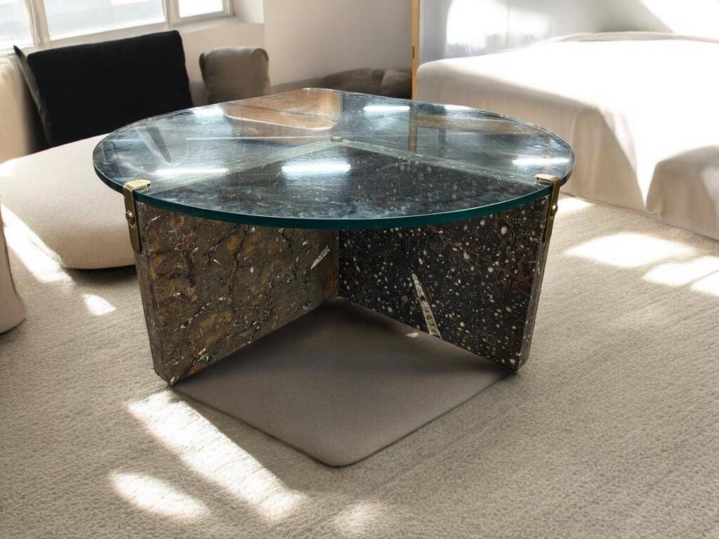 Vintage teardrop-shaped glass coffee table with stone base