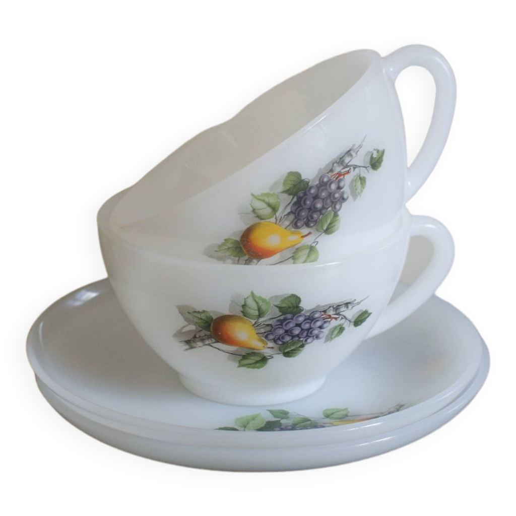 Tasses à Thé Ou Café Arcopal Vintage Motif Fruits De France - Lot De 2, Occasion, Fabriqué En France