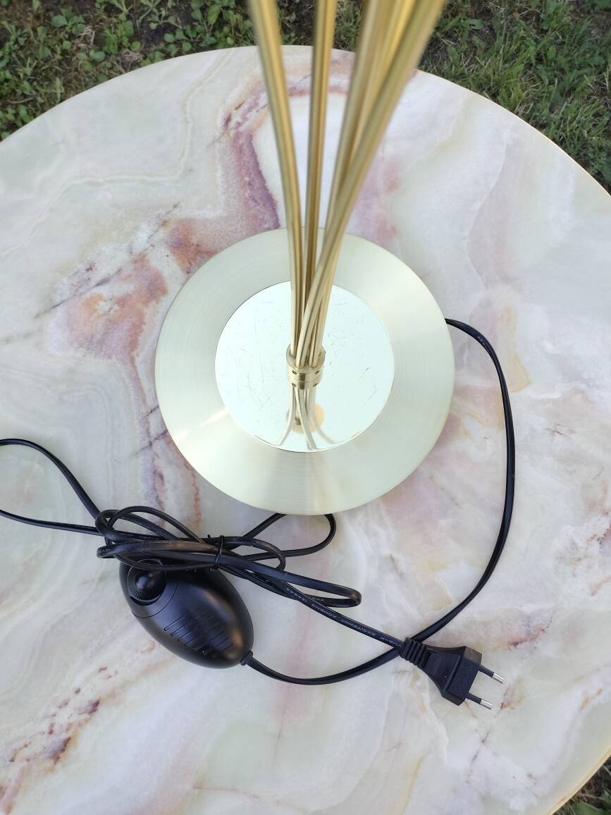 Vintage lamp with 5 branches in gilded brass and opaline – Stilnovo spirit / But
