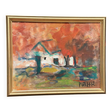Huile sur toile originale suédoise – « Or d'automne » par Pia H Campbell – Vintage et encadrée – 38 × 31 cm (15" × 12,2")