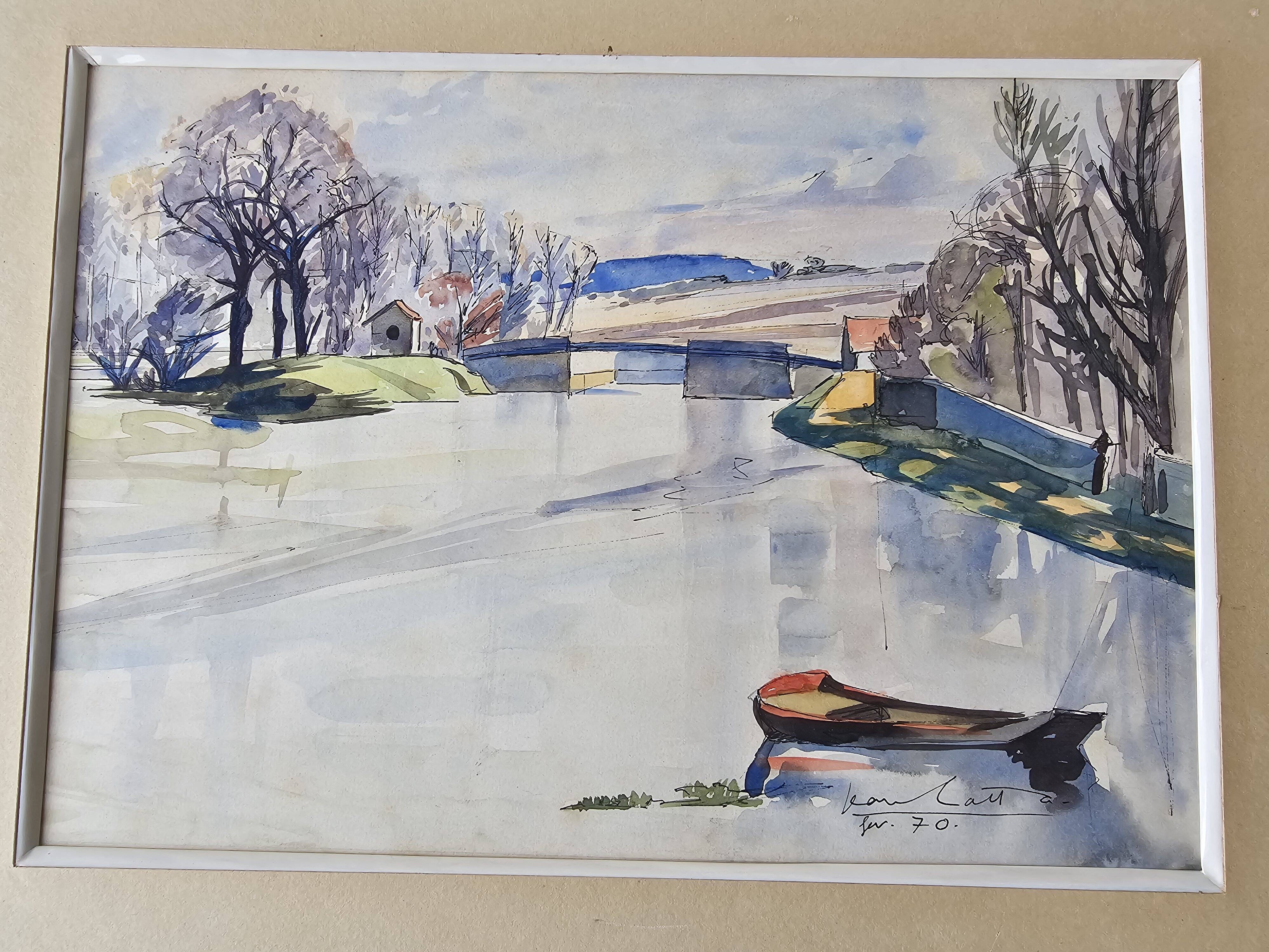 Watercolor on cardboard frame, canal view, signed Jean. Signature to be identified.