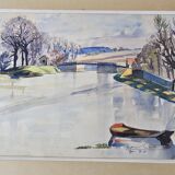 Watercolor on cardboard frame, canal view, signed Jean. Signature to be identified.