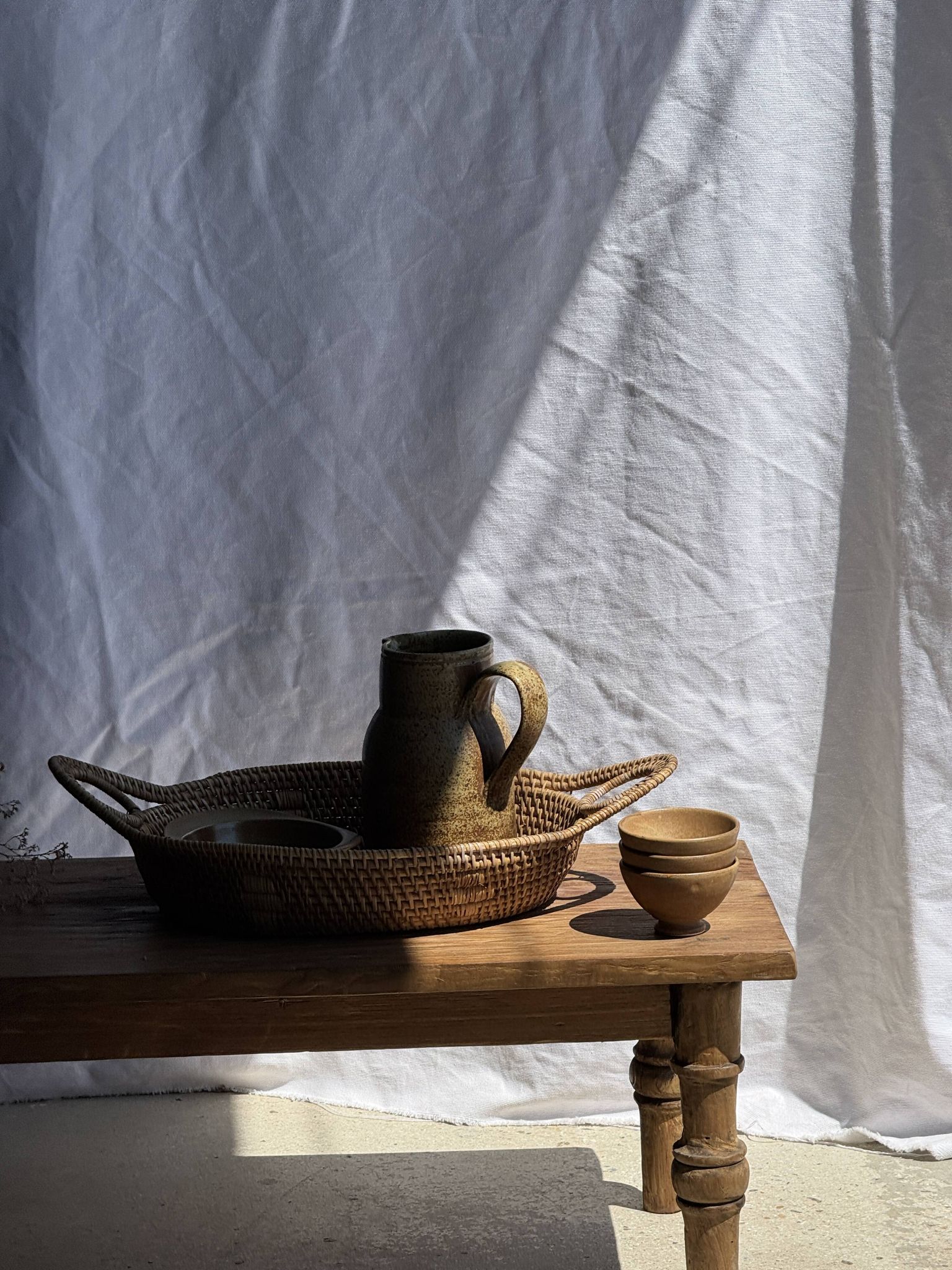 Large flat oval woven rattan basket with handles, Indonesian L53x64