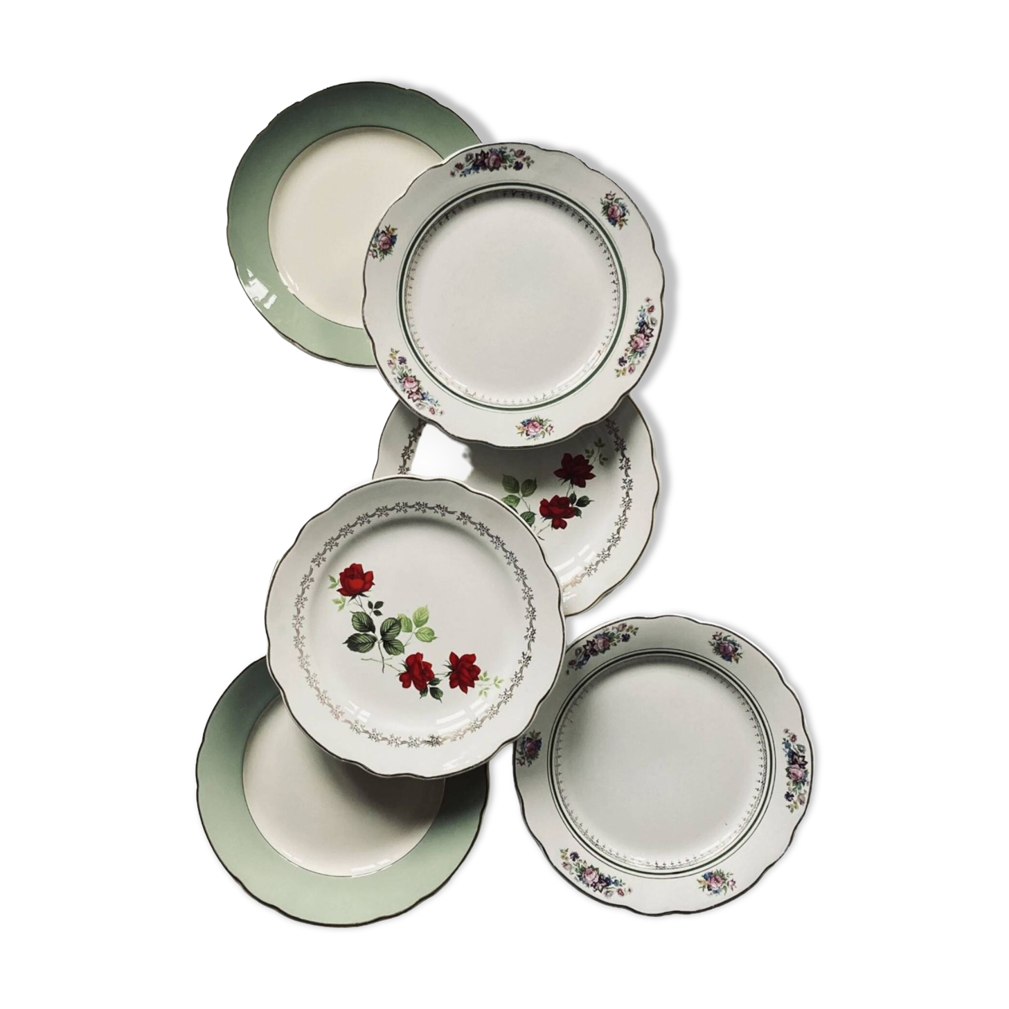 Lot of 6 old mismatched flat plates manufactured by Digoin, Sarreguemines, Villeroy Boch
