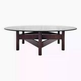 Table basse en bois et plateau rond en verre fumé