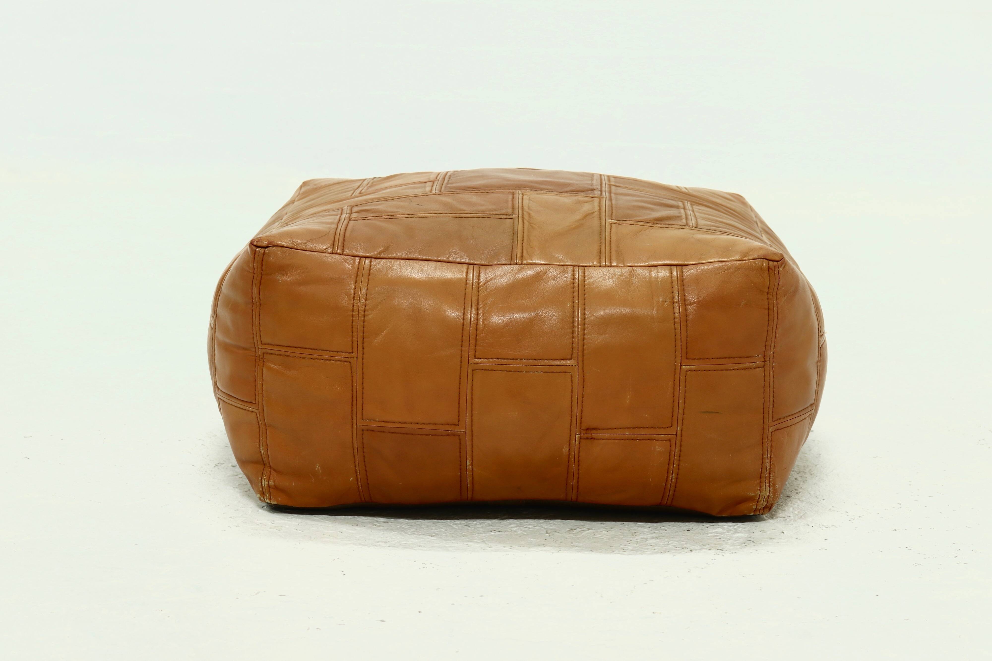 Mid-Century Patchwork Cognac Leather Pouf, 1970s