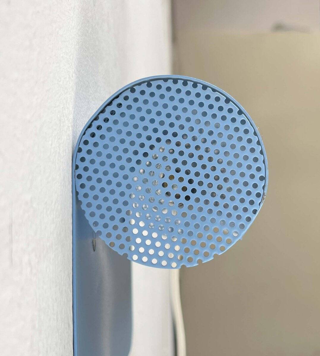 Light blue perforated metal suspension by Abo Randers, Danish postmodern, 1980s.