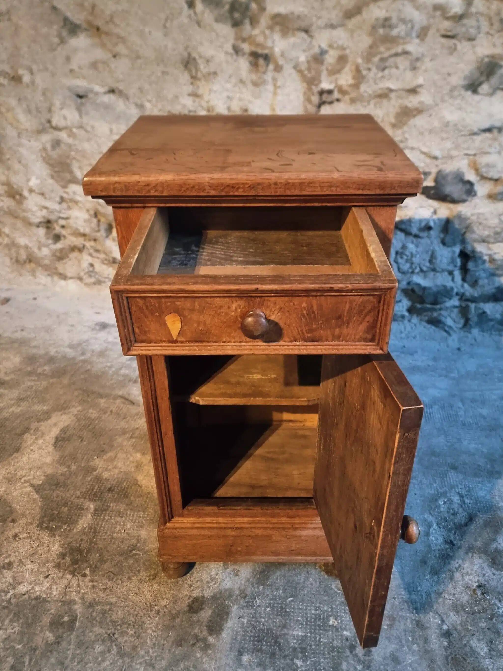Antique French oak bedside table, early 20th century.
