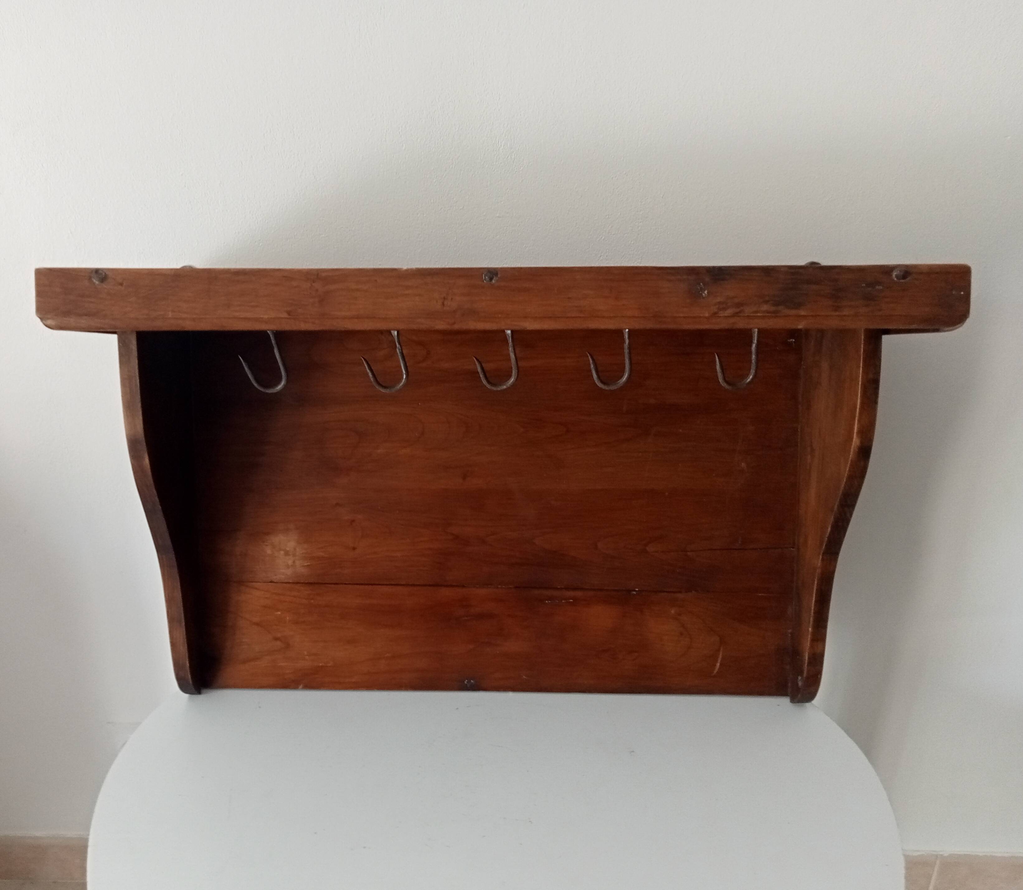 Antique wall shelf in solid chestnut with butcher's hooks