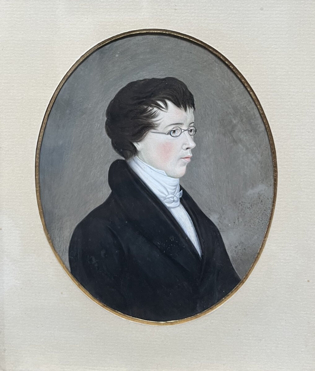 German school (?) of the early 19th century, Portrait of a young man wearing glasses.