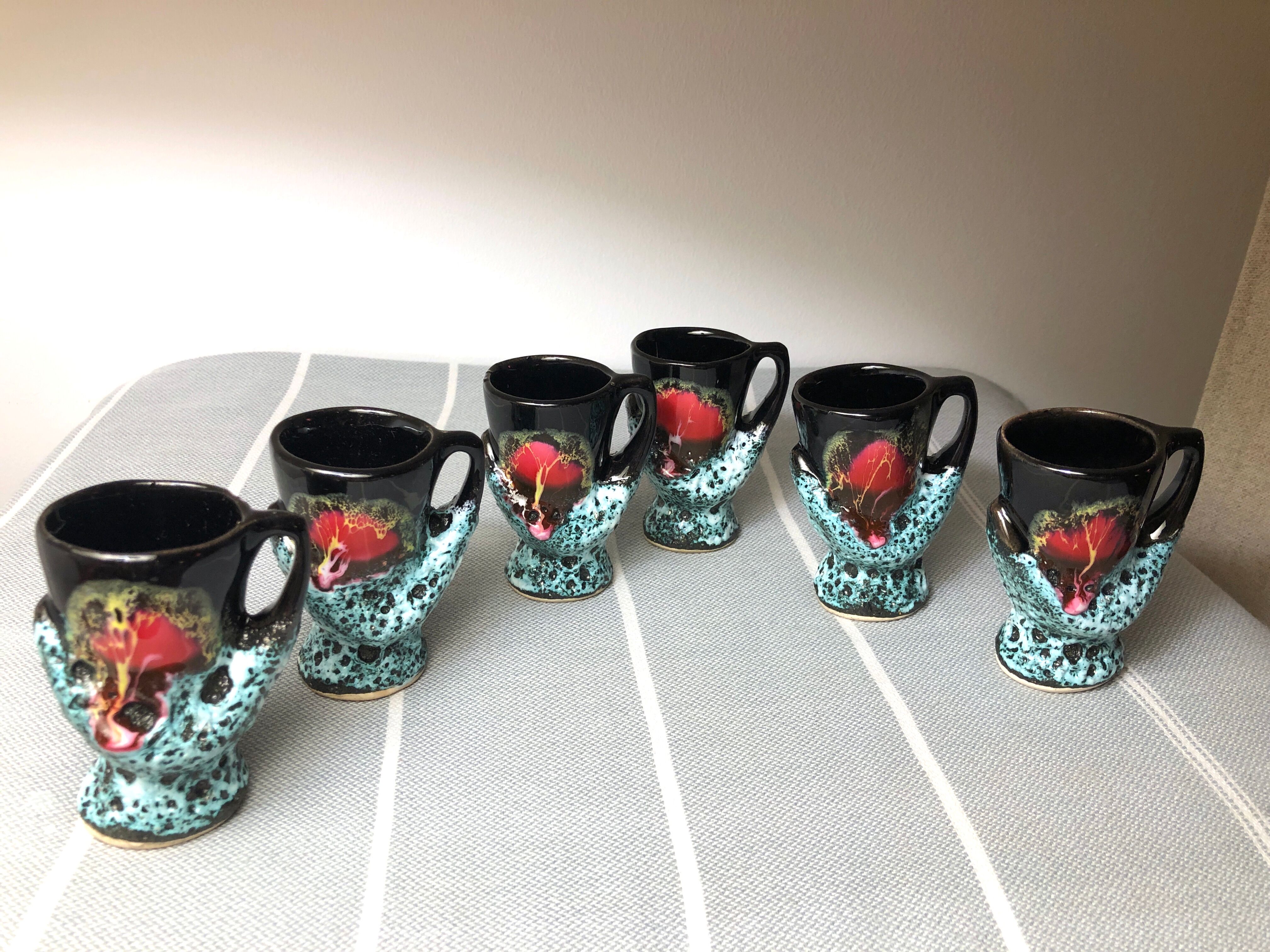 Old coquetiers signed Vallauris Turquoise and Red