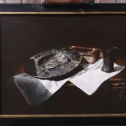Still life with pewter dish, book and beaker – Marjolein van den Berg
