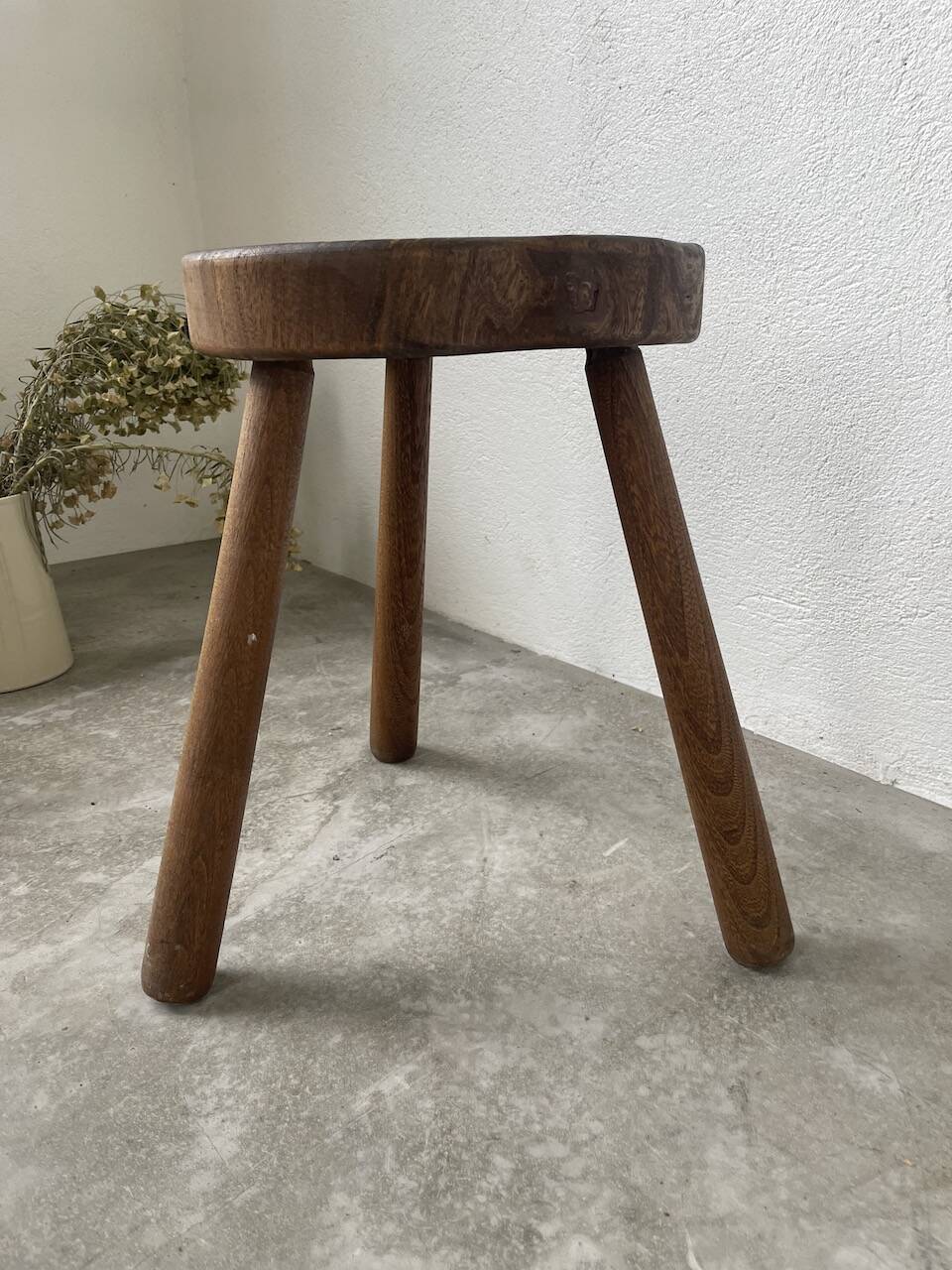 50s tripod oak stool