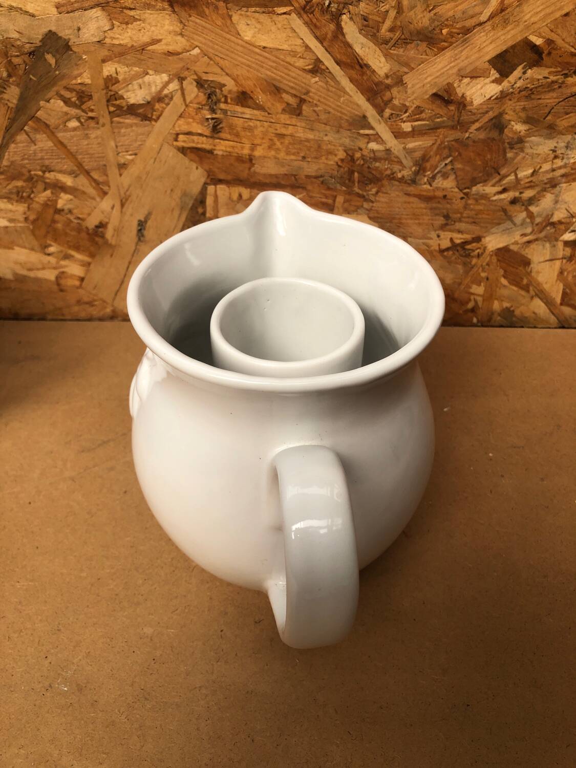 Old Vintage White Enameled Ceramic Carafe Refresher Pitcher