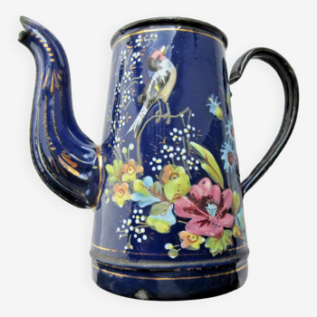 19th century enameled coffee pot, cobalt blue, Bird, Butterfly and flowers, Napoleon III