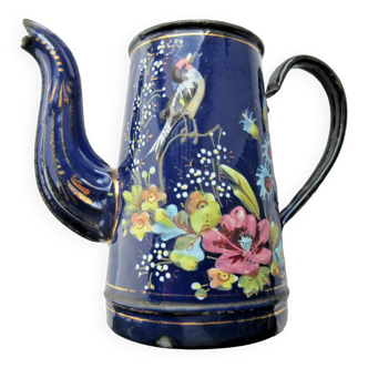 19th century enameled coffee pot, cobalt blue, Bird, Butterfly and flowers, Napoleon III