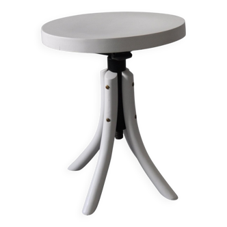 Vintage piano stool in painted white and black wood, round seat, 1940s.