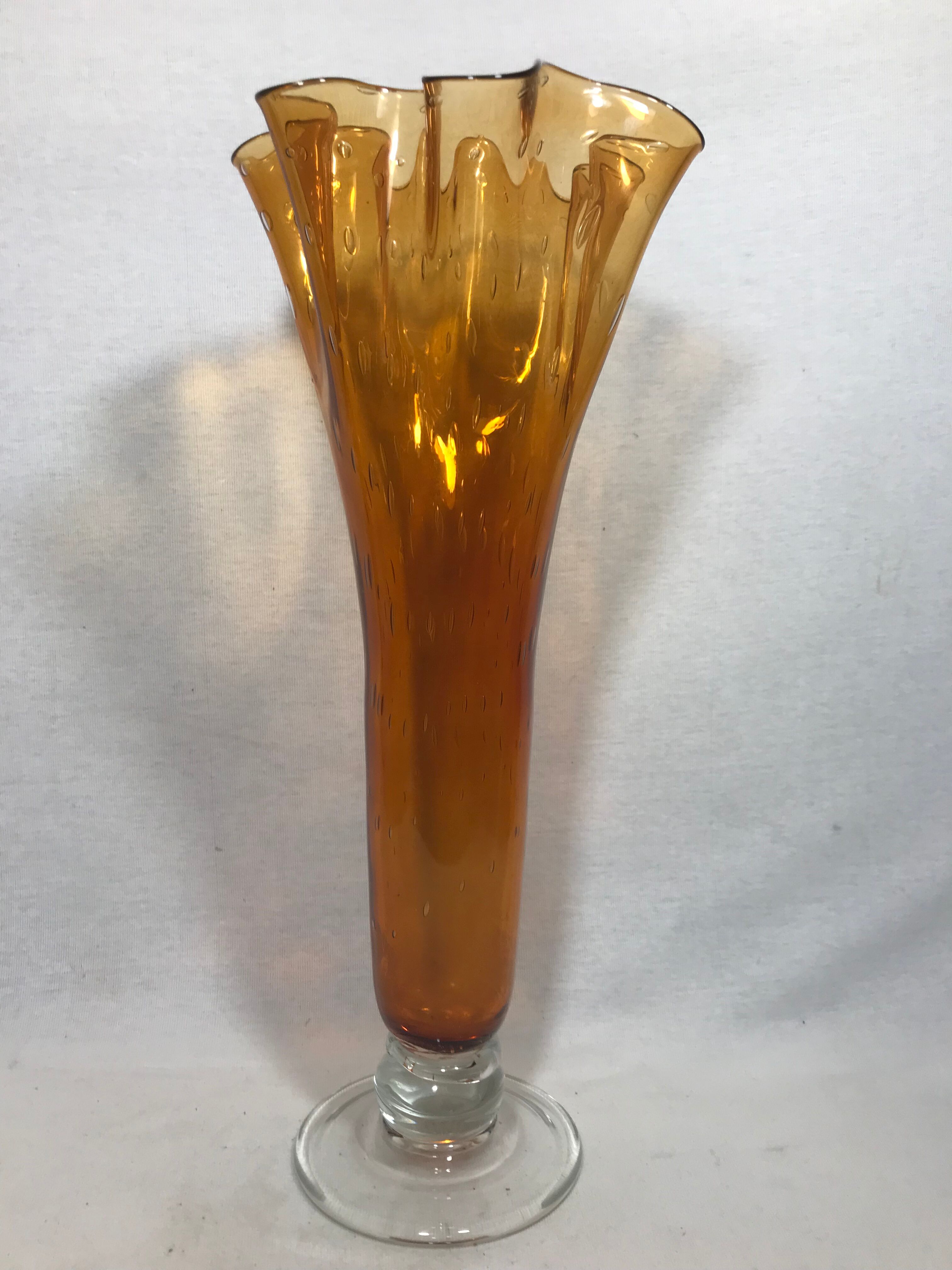 Old glass vase blown bubble orange & transparent vintage