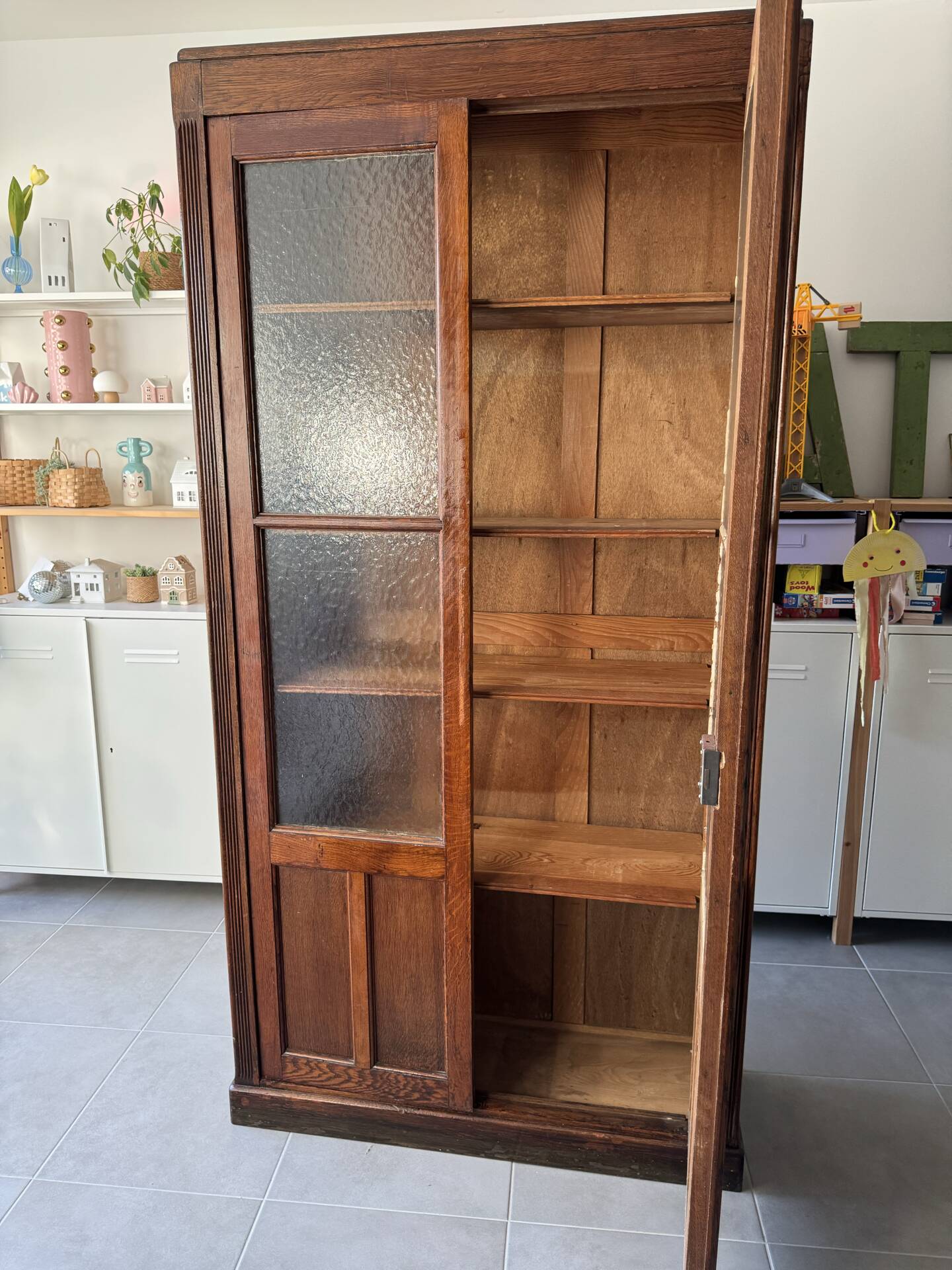 Old glass cabinet, vintage bookshelf, display case, cabinet, pharmacy.
