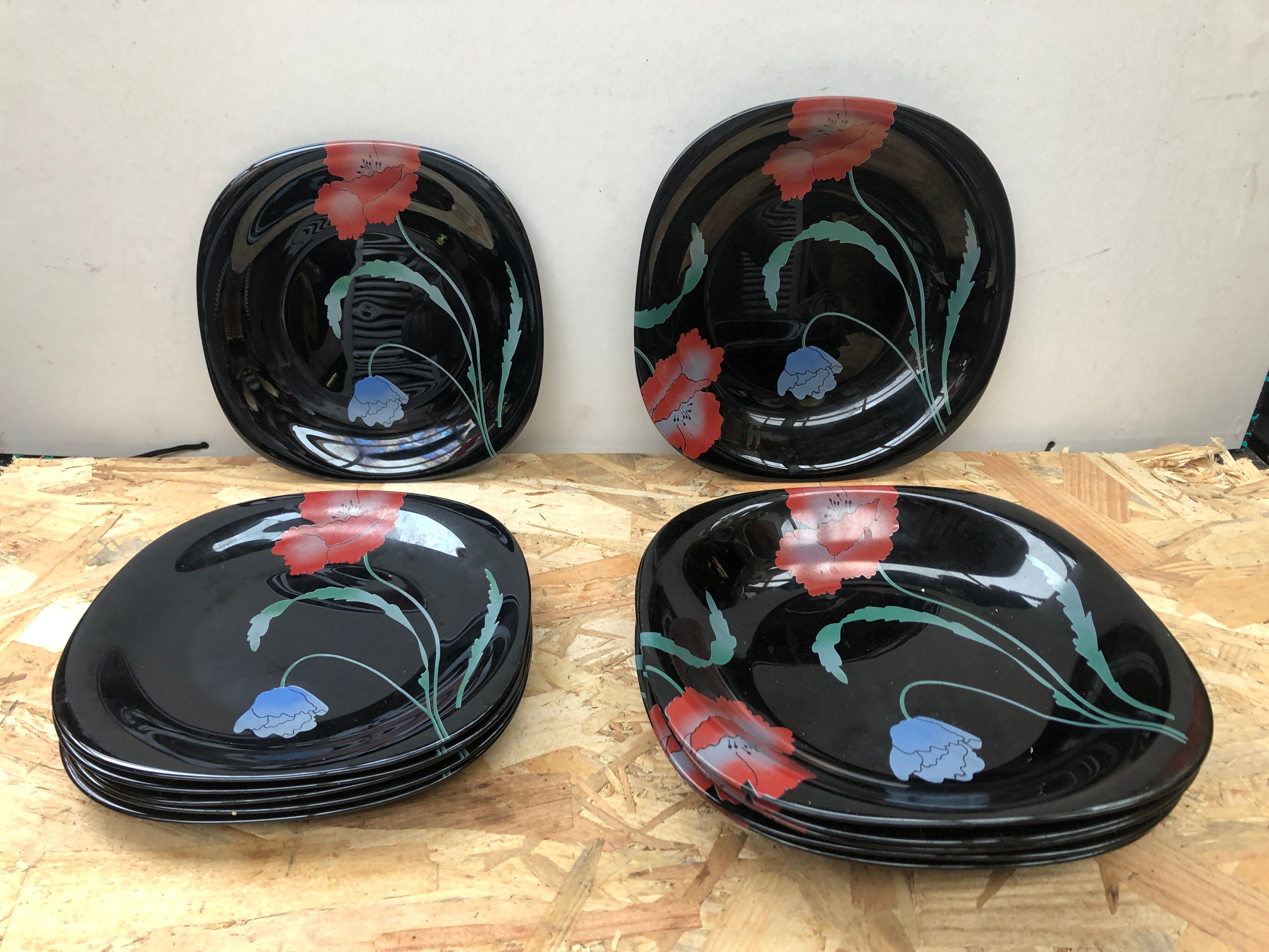 Series 12 old black opaline plates with vintage art deco flower decor