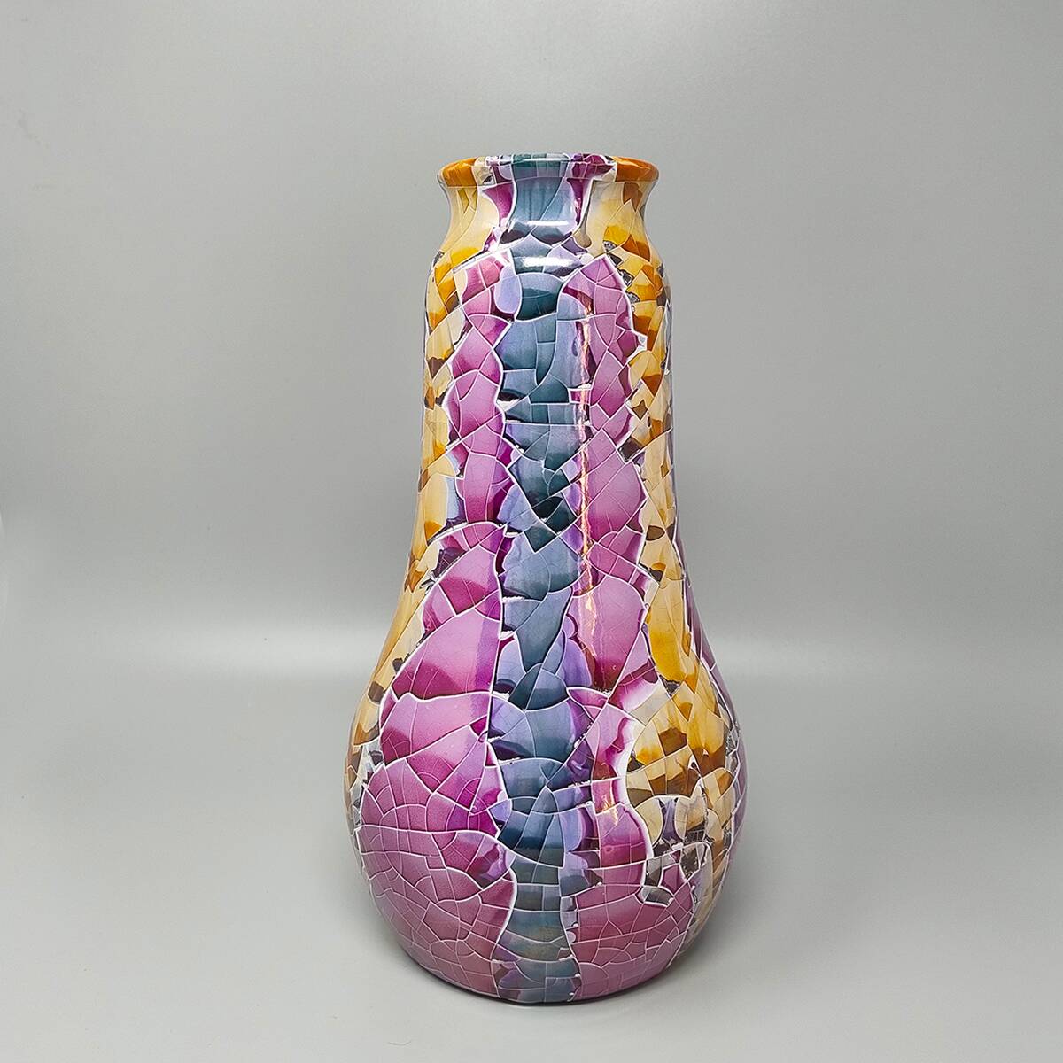 1990s Astonishing Giuseppe Locci Polycrome Craquelé Vase in Sardinian Ceramic. Made in Italy