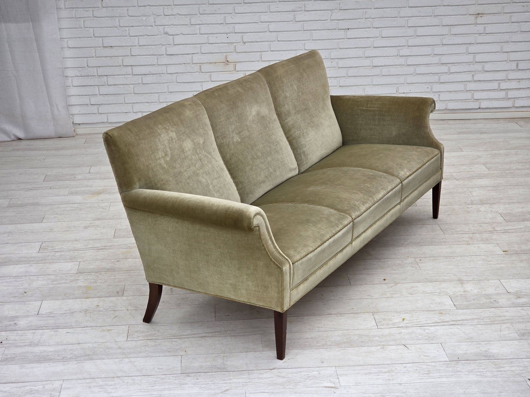 1960s, Danish 3-seater sofa, light green furniture velour.
