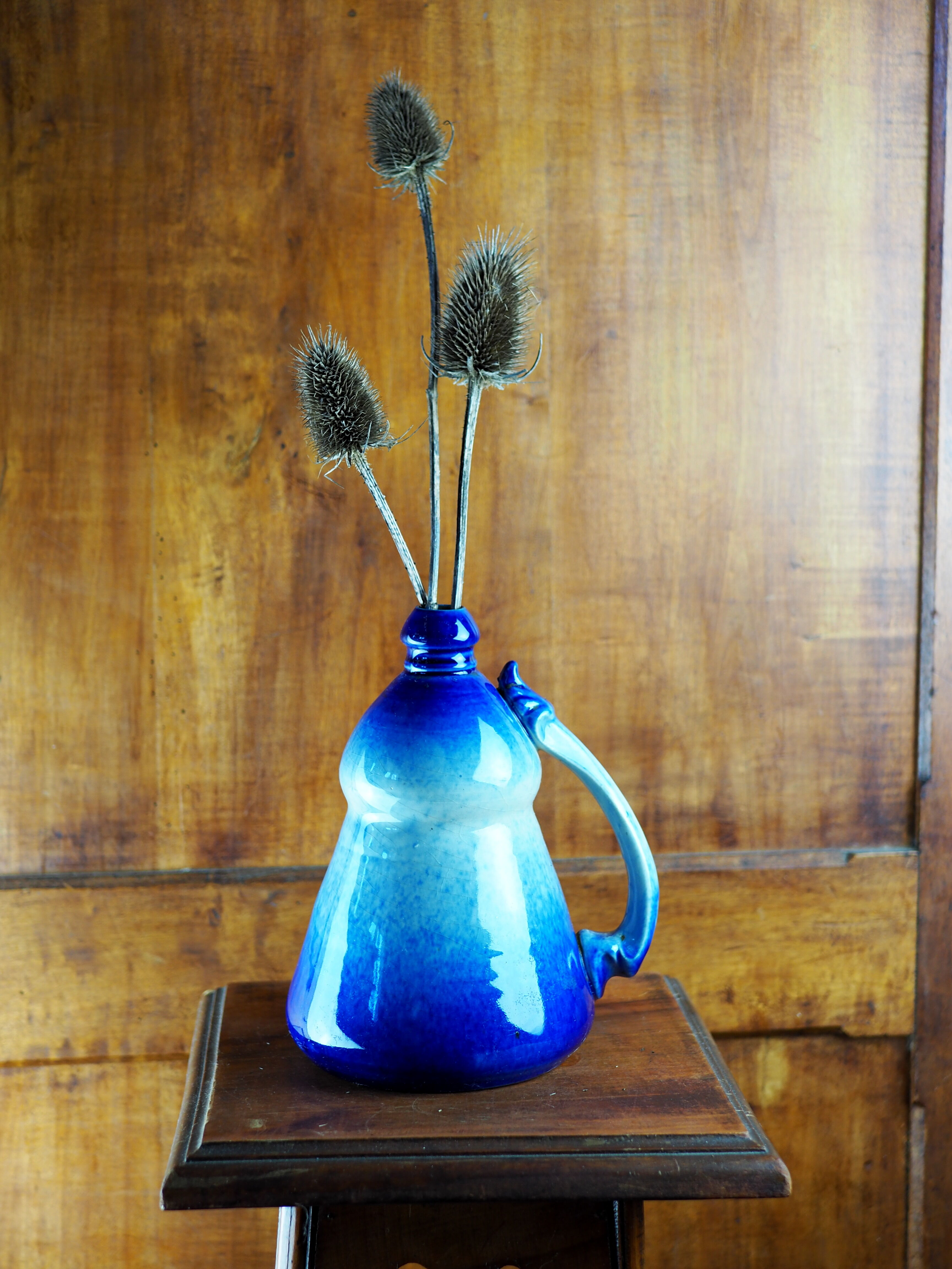 Conical jug with blue glaze and elaborate handle - folk art - early twentieth century