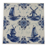 Carrelage hollandais, rare carreau vintage bleu, style Delft, Hollande, faïence, carreau mural ancienne, motif moulins à vent et bateaux