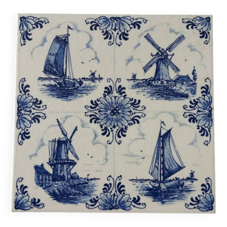 Carrelage hollandais, rare carreau vintage bleu, style Delft, Hollande, faïence, carreau mural ancienne, motif moulins à vent et bateaux