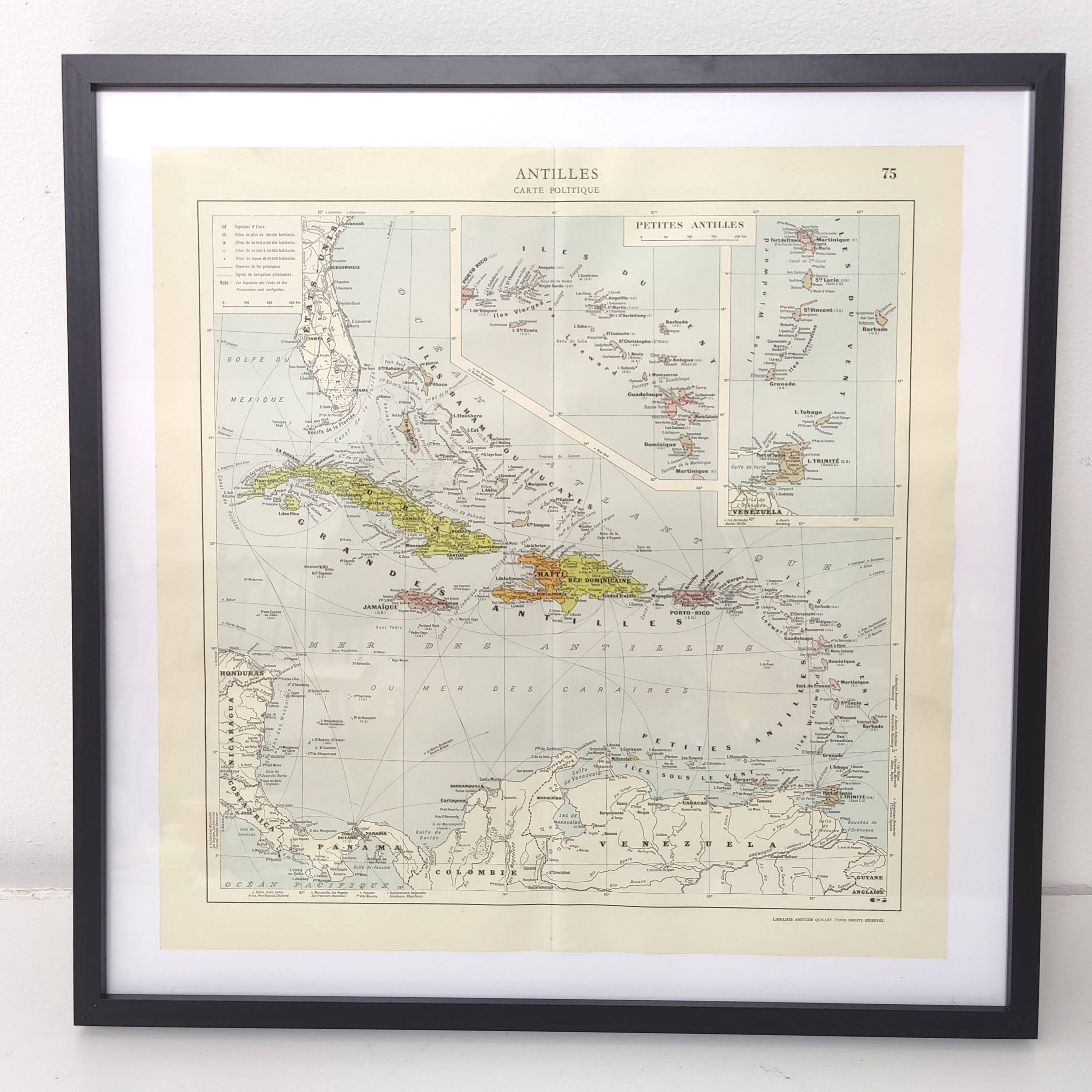 Map of the Antilles Caribbean Sea archipelago vintage from 1950