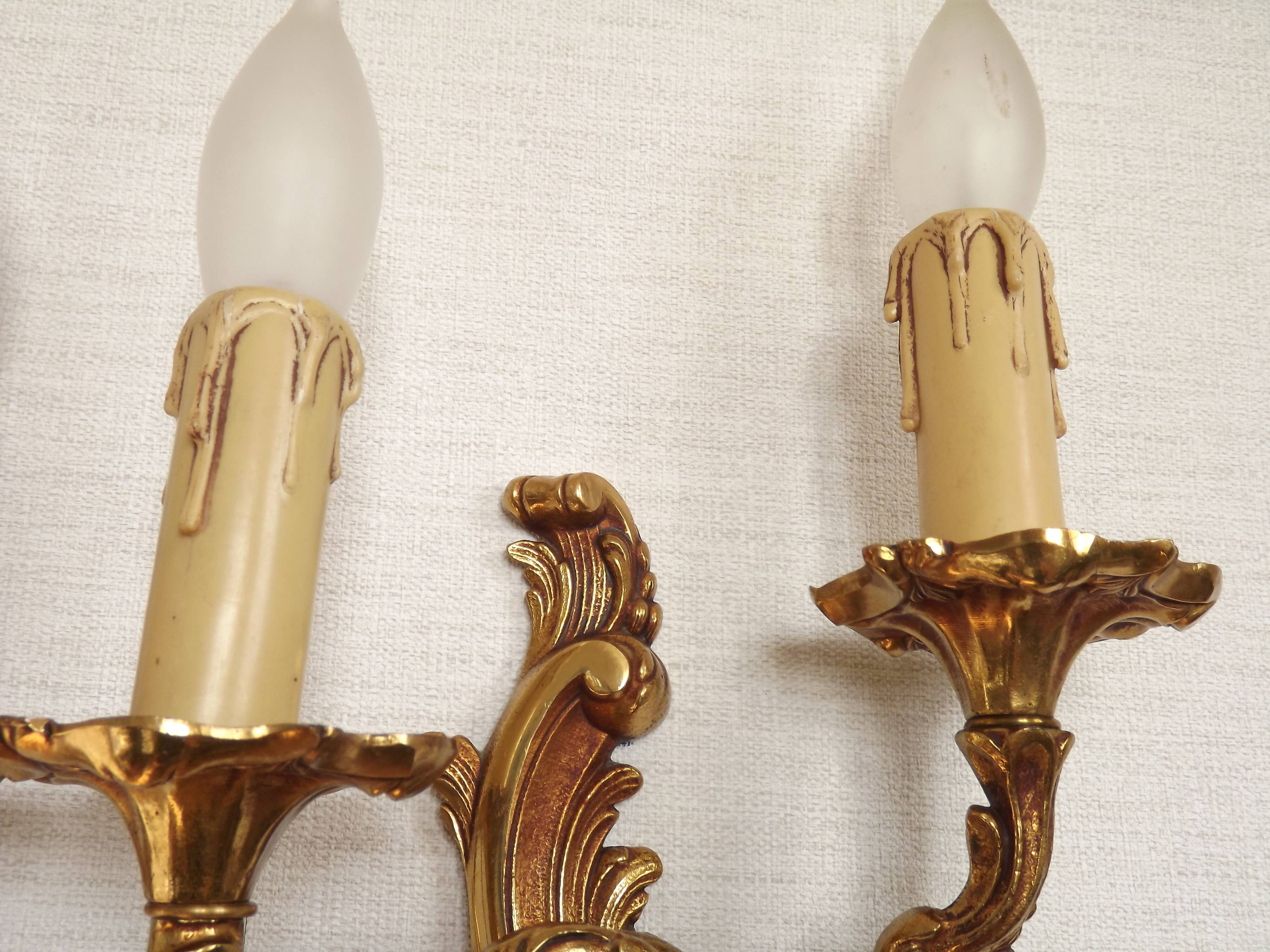Stylish Vintage French Bronze Double Wall Sconces with Acanthus Leaf Detail