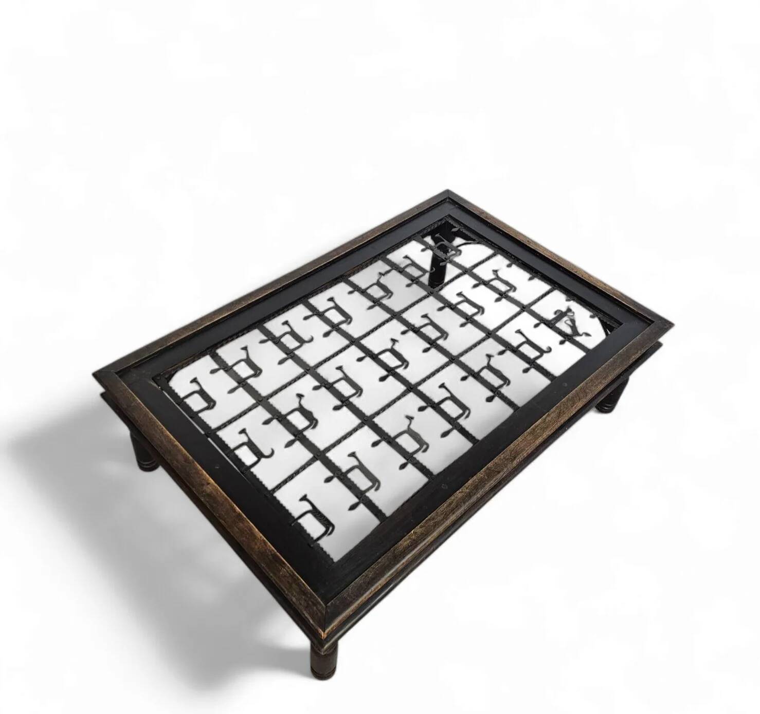 French brutalist coffee table, forged wrought iron, shepherd with dog and his herd, 1970s, transparent glass top