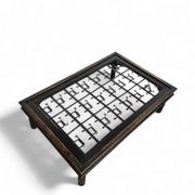 French brutalist coffee table, forged wrought iron, shepherd with dog and his herd, 1970s, transparent glass top