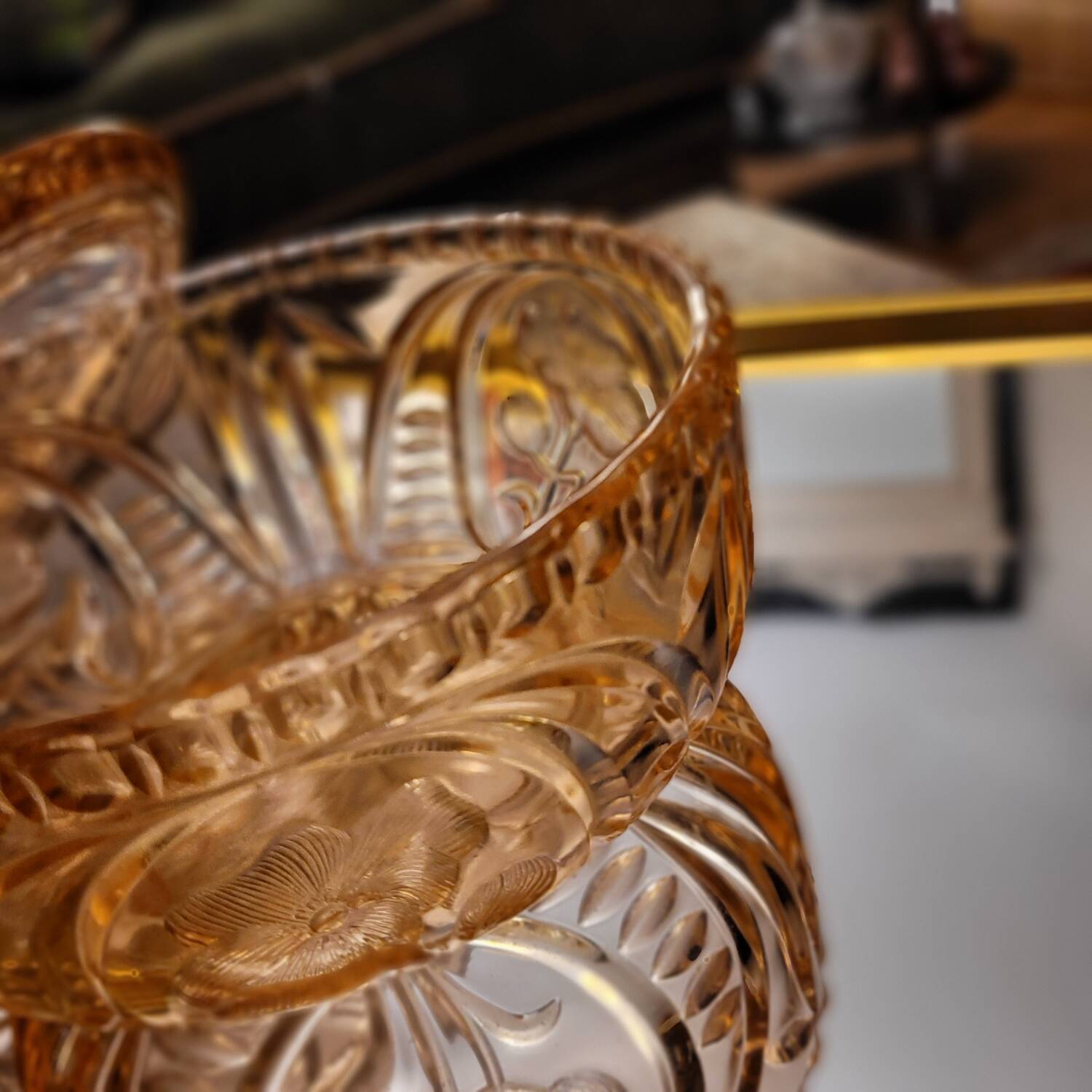 Cut amber glass candy dish – France, 1950s