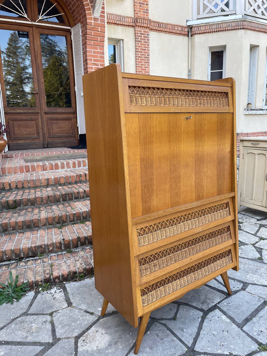 Secrétaire bois et rotin vintage