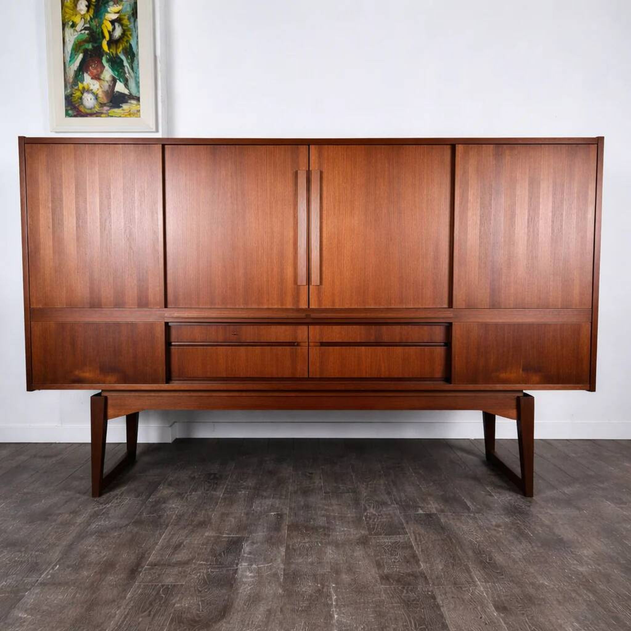 Teak and rosewood enfilade with drawers and doors in marquetry, Denmark, 1950.
