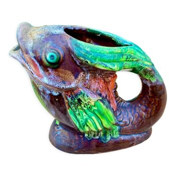 Glazed ceramic pitcher, fish