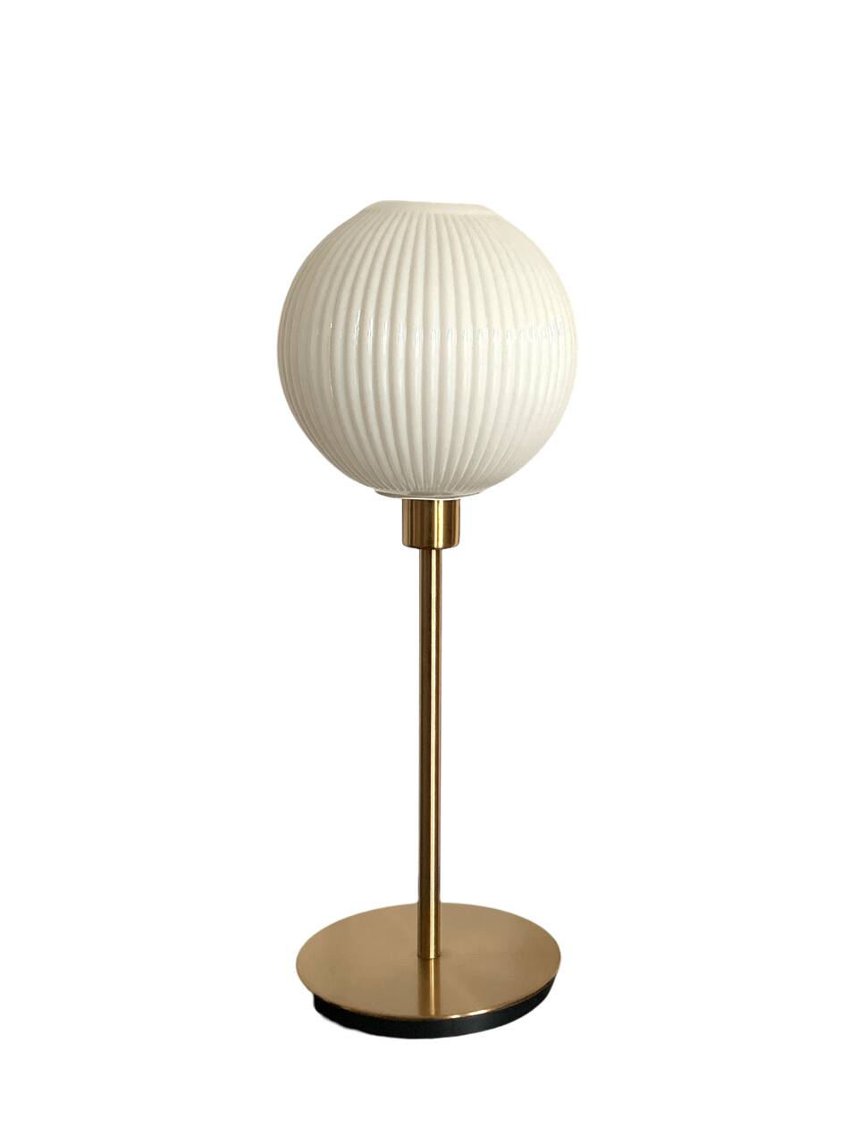 Table lamp with a lampshade from an old vintage pendant light in ribbed white glass and a pi
