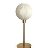 Table lamp with a lampshade from an old vintage pendant light in ribbed white glass and a pi