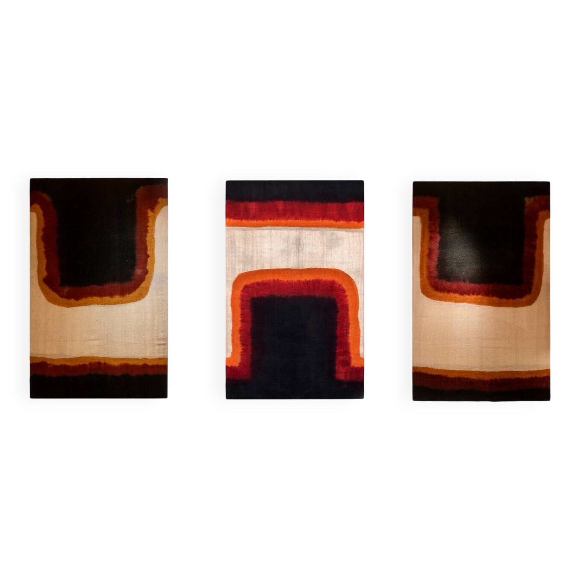 Triptych with geometric decoration in woven wool. Handcrafted work, 20th century.