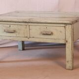 Antique Burmese teak bedside table with original green ecru patina