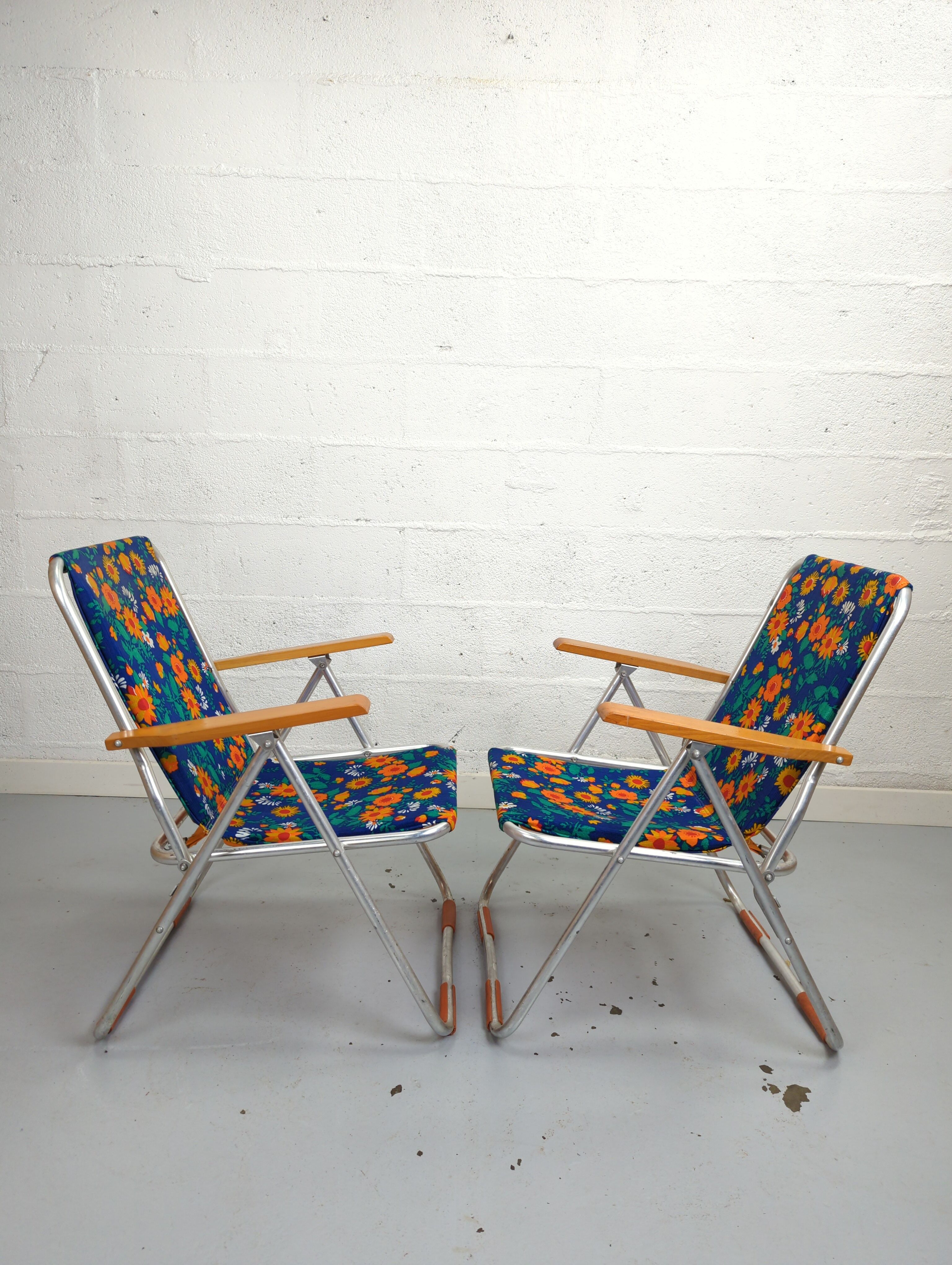 Pair of folding armchairs vintage camping Pouch DDR flowery