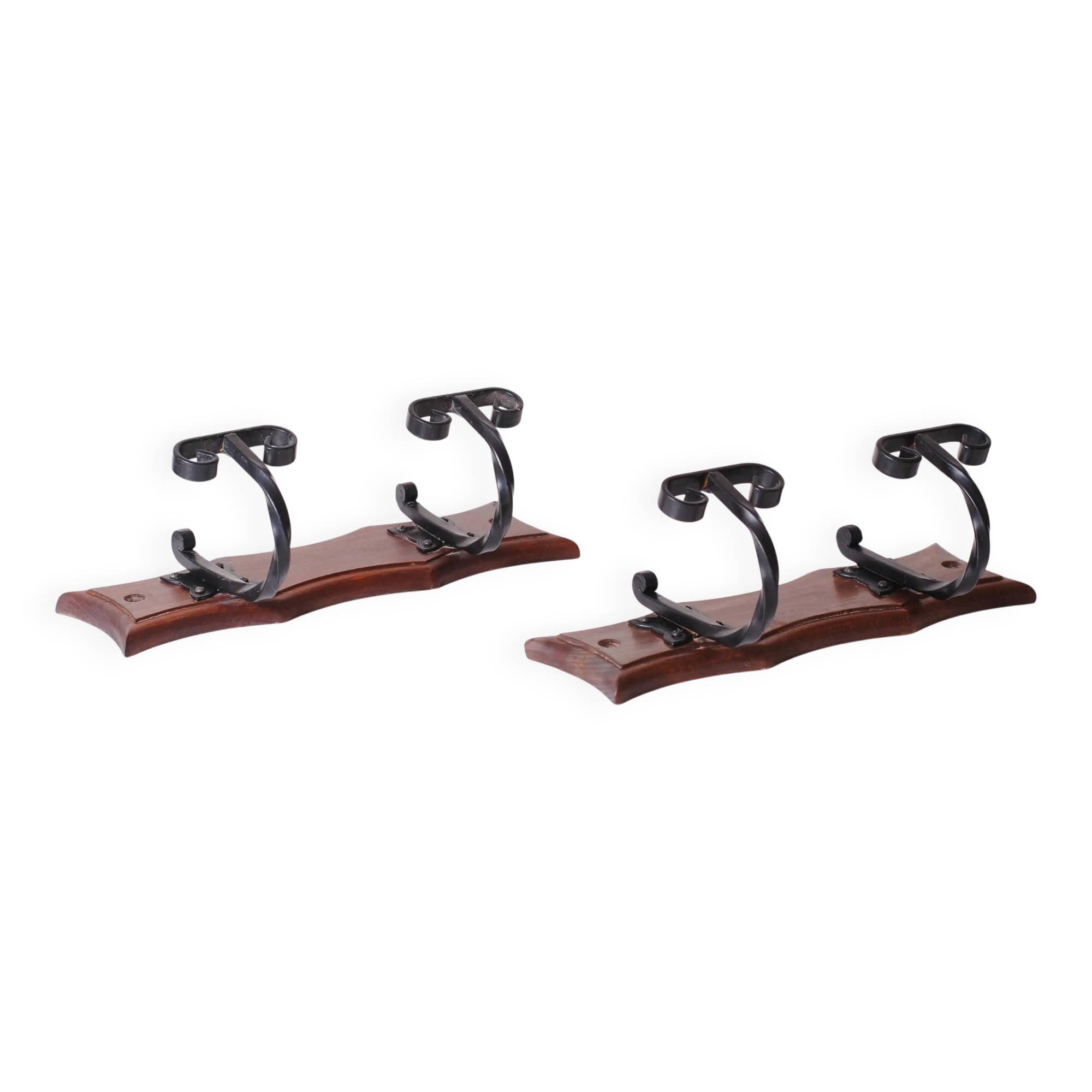wood and wrought iron coat racks, set of two