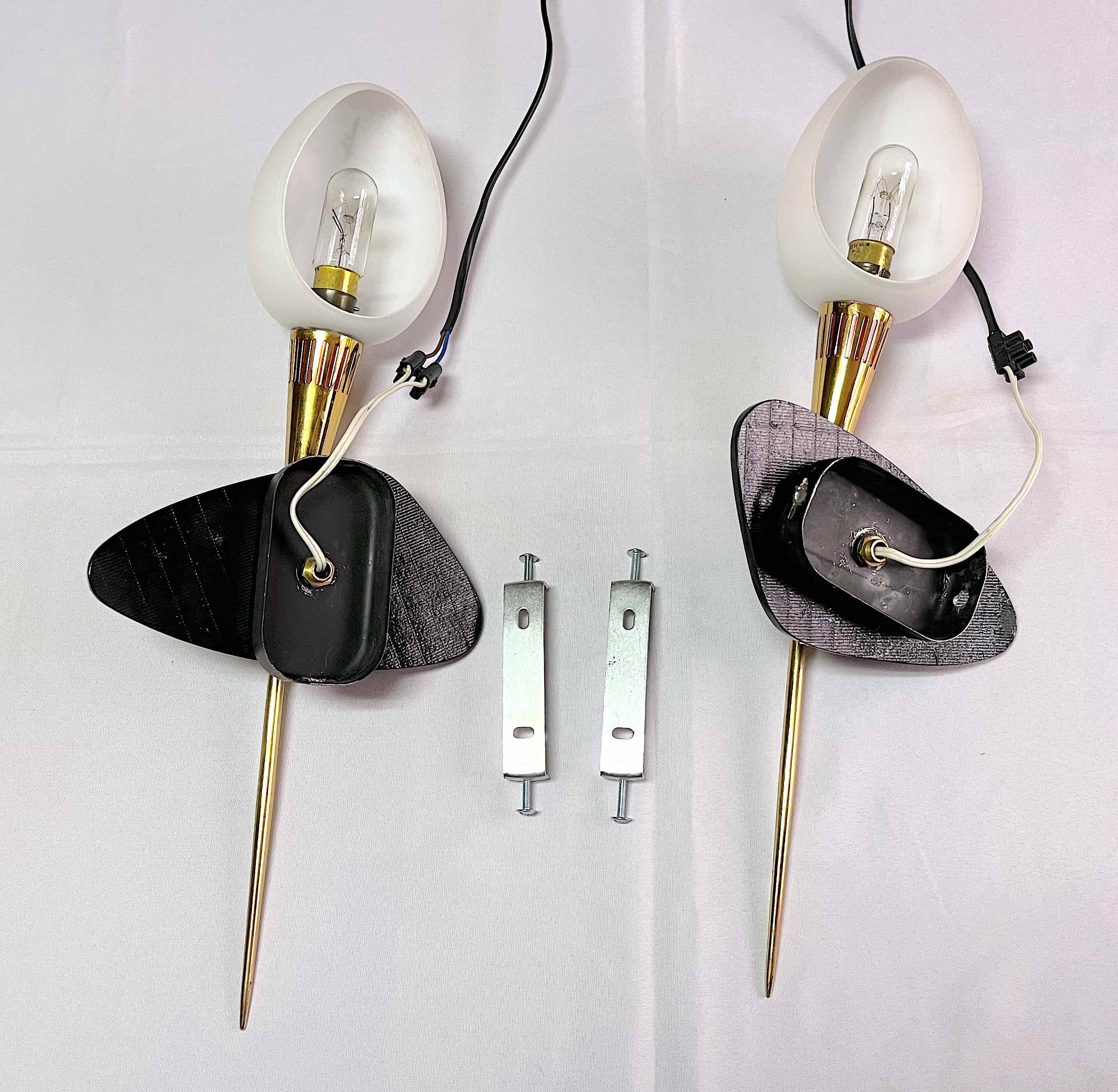 Maison Arlus Pair of brass and black wall sconces, France Mid-Century