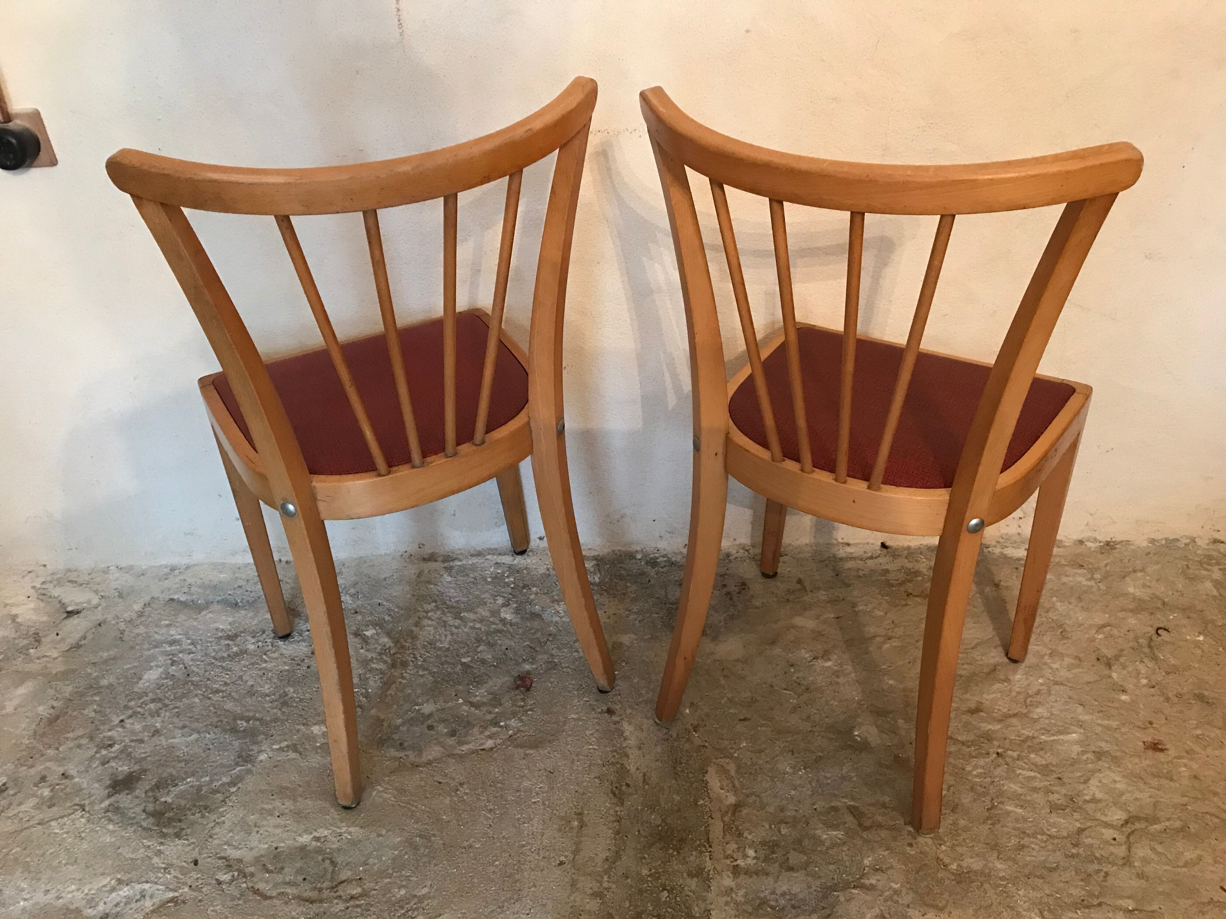 Pair of vintage bistro chairs 1960's blond wood and skaï